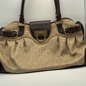 Salvatore Ferragamo Vintage Gancini Brown/cream Canvas/Leather Tote Bag